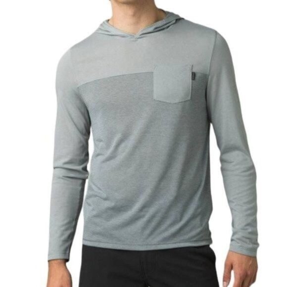 Prana Milo Men's Small Gray Striped Cotton Blend Hooded Long Sleeve Pocket Tee - Picture 1 of 8
